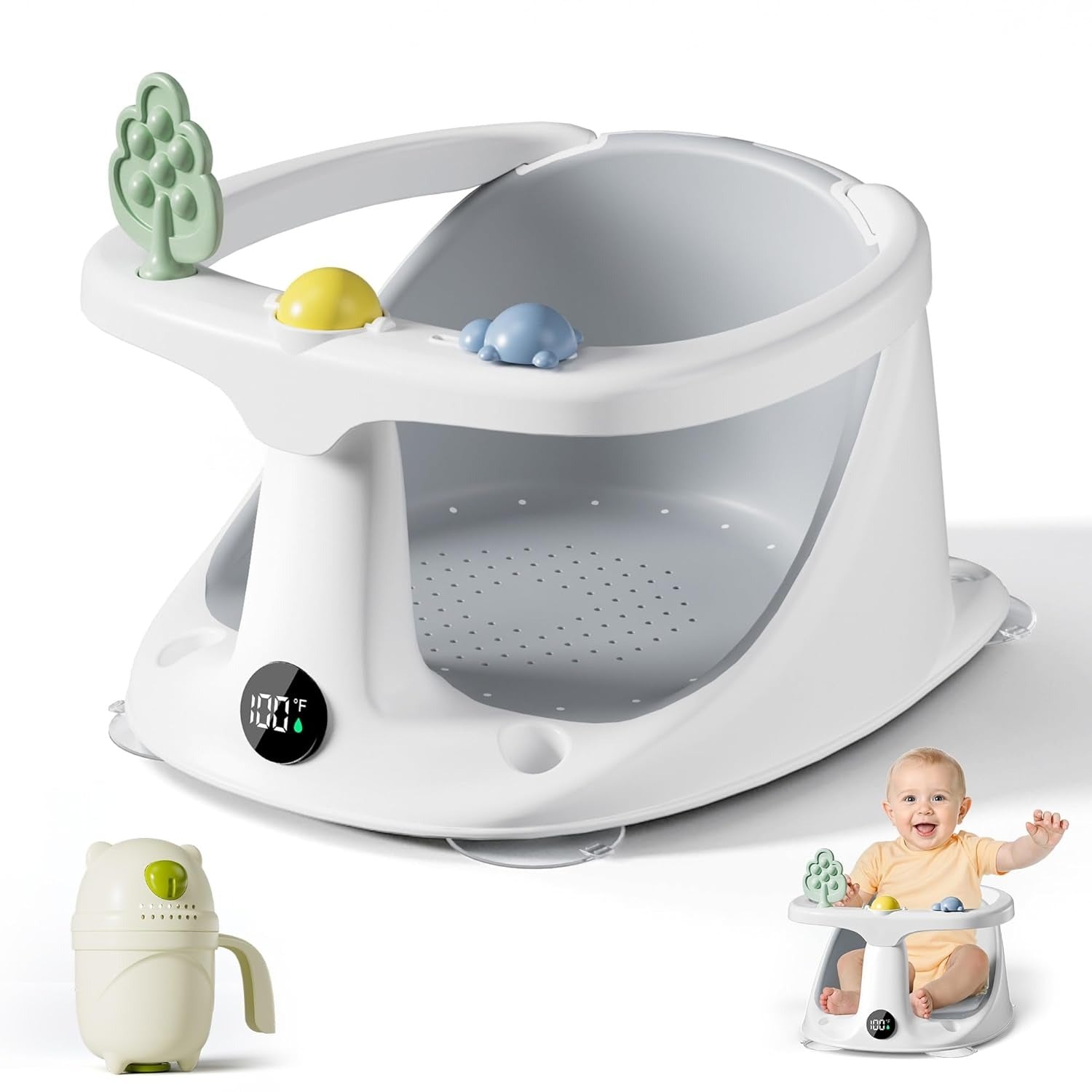 Tuzwa Baby Bath Seat – 6+ Month Infant Bath Support with 4 Suction Cups, Temperature Display, Soft Cushion, Ergonomic Backrest & Rinse Cup