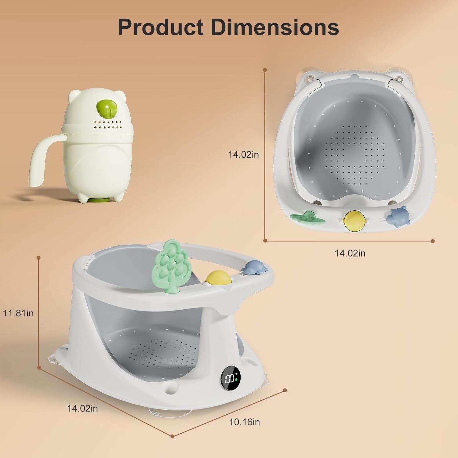 Tuzwa Baby Bath Seat – 6+ Month Infant Bath Support with 4 Suction Cups, Temperature Display, Soft Cushion, Ergonomic Backrest & Rinse Cup