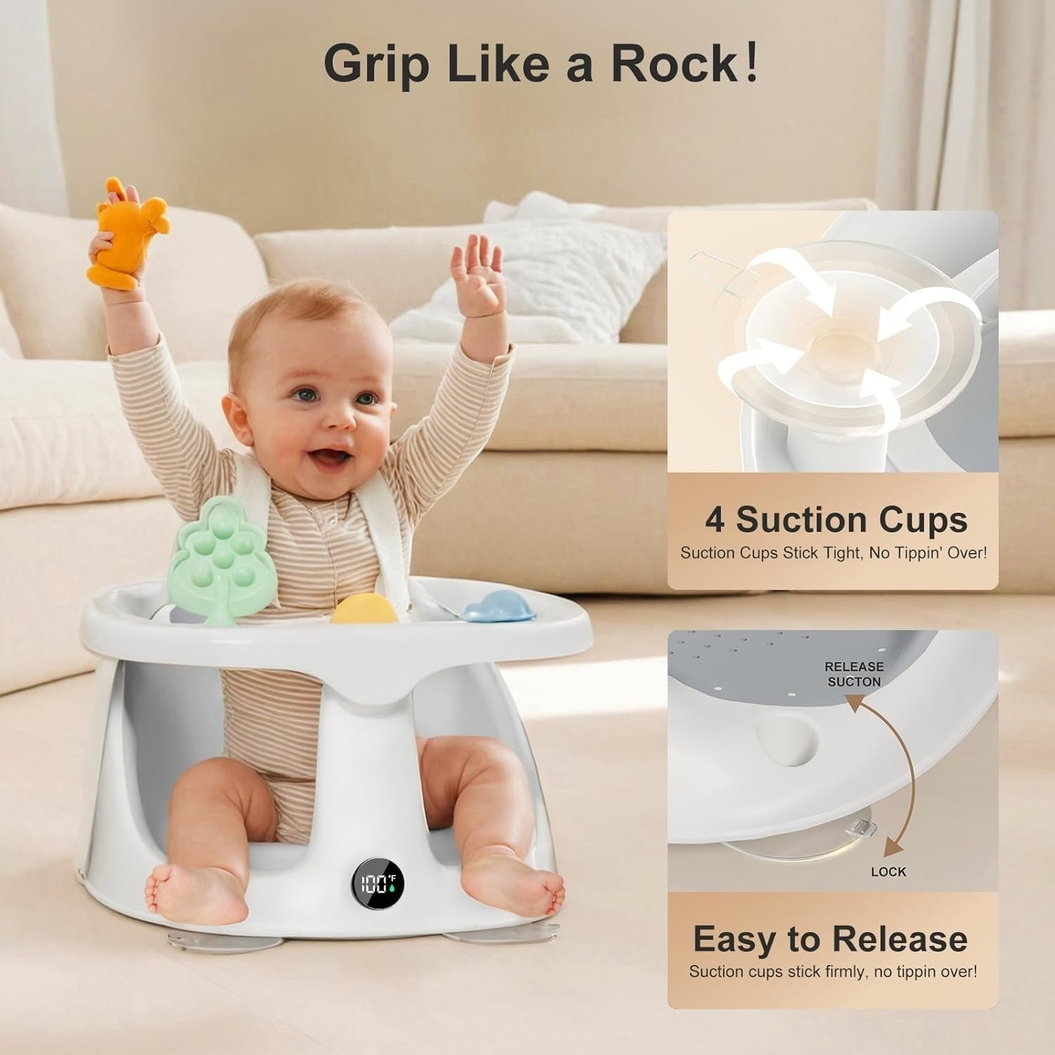 Tuzwa Baby Bath Seat – 6+ Month Infant Bath Support with 4 Suction Cups, Temperature Display, Soft Cushion, Ergonomic Backrest & Rinse Cup