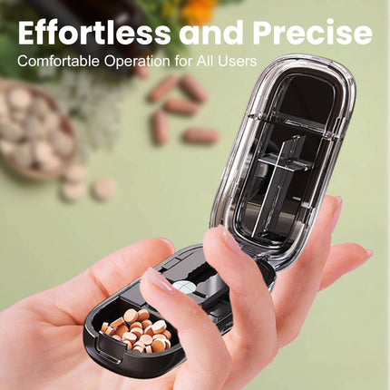 Portable Pill Cutter with Stainless Steel Blade, Adjustable Centering Slot and Built In Storage, Compact Tablet Splitter for Travel
