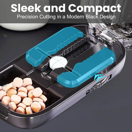 Portable Pill Cutter with Stainless Steel Blade, Adjustable Centering Slot and Built In Storage, Compact Tablet Splitter for Travel