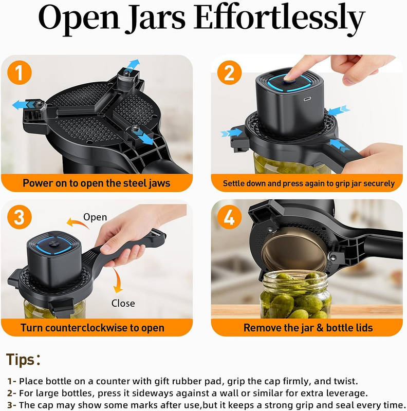 Tuzwa Automatic Jar Opener – Rechargeable 1–3.5" Adjustable Jar & Bottle Lid Opener with 3-Point Steel Grip, Long Handle & 800mAh Battery