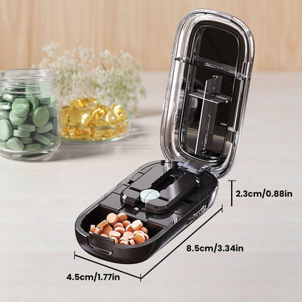 Portable Pill Cutter with Stainless Steel Blade, Adjustable Centering Slot and Built In Storage, Compact Tablet Splitter for Travel
