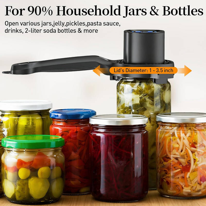 Tuzwa Automatic Jar Opener – Rechargeable 1–3.5" Adjustable Jar & Bottle Lid Opener with 3-Point Steel Grip, Long Handle & 800mAh Battery