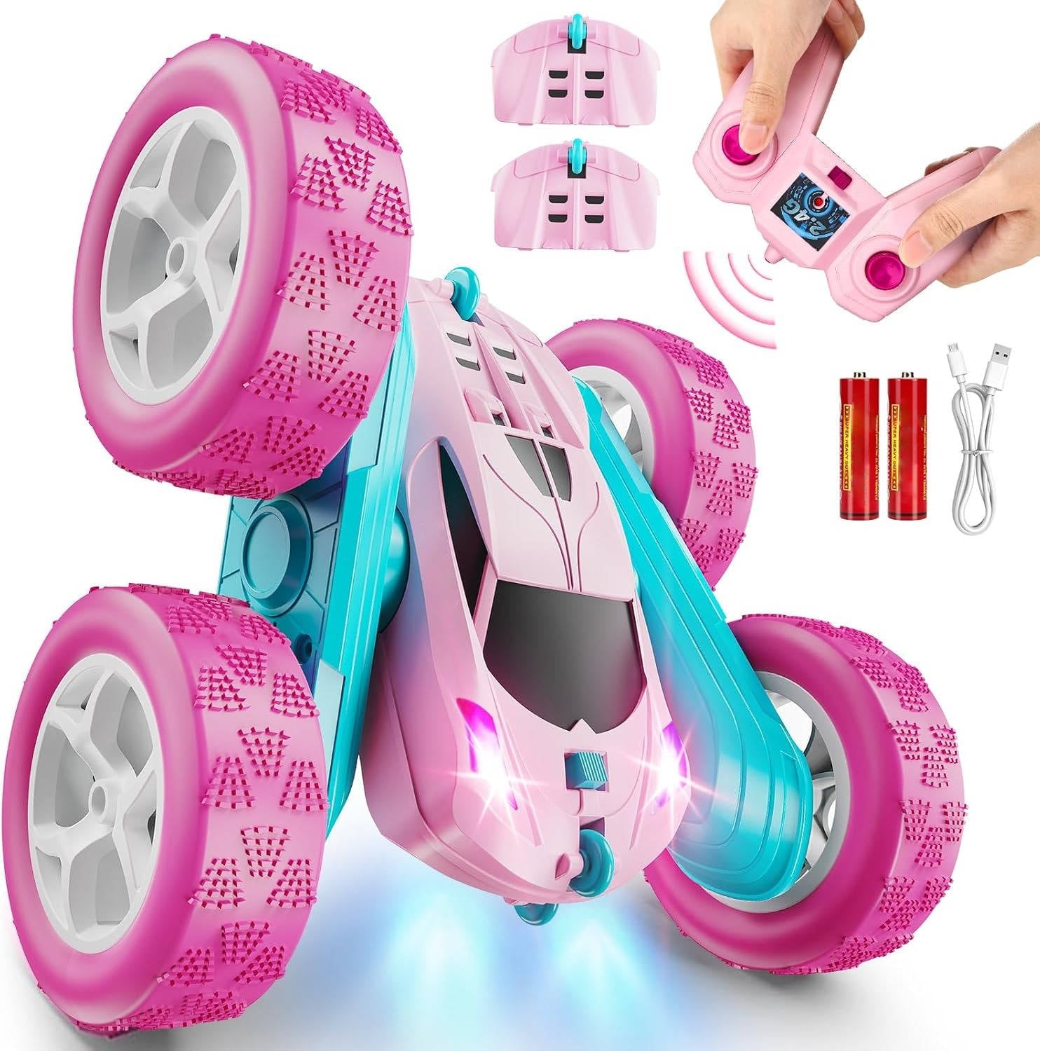 Tuzwa RC Stunt Car – 360° Flip Remote Control Car with LED Lights, 9 Stunt Modes, Dual Motors, 2 Batteries & 2.4GHz Remote