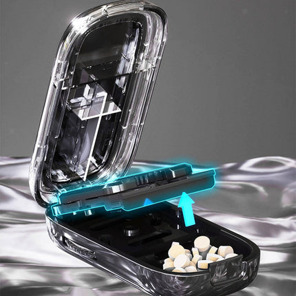 Portable Pill Cutter with Stainless Steel Blade, Adjustable Centering Slot and Built In Storage, Compact Tablet Splitter for Travel