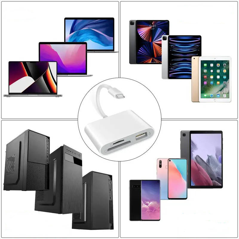 Tuzwa SD Card Reader for iPhone & iPad – Lightning & USB-C Memory Card Adapter with SD, microSD, USB-A Port & Two-Way File Transfer
