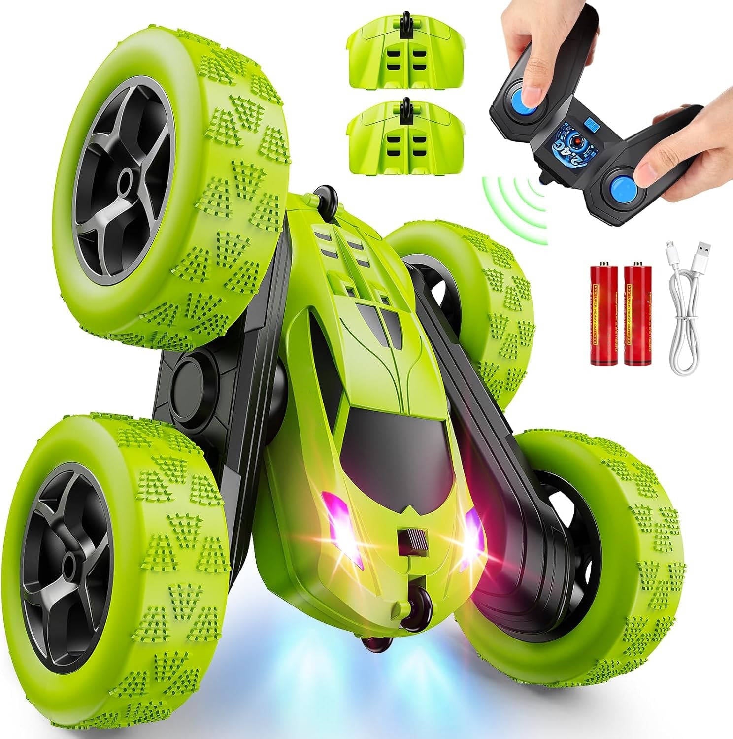 Tuzwa RC Stunt Car – 360° Flip Remote Control Car with LED Lights, 9 Stunt Modes, Dual Motors, 2 Batteries & 2.4GHz Remote