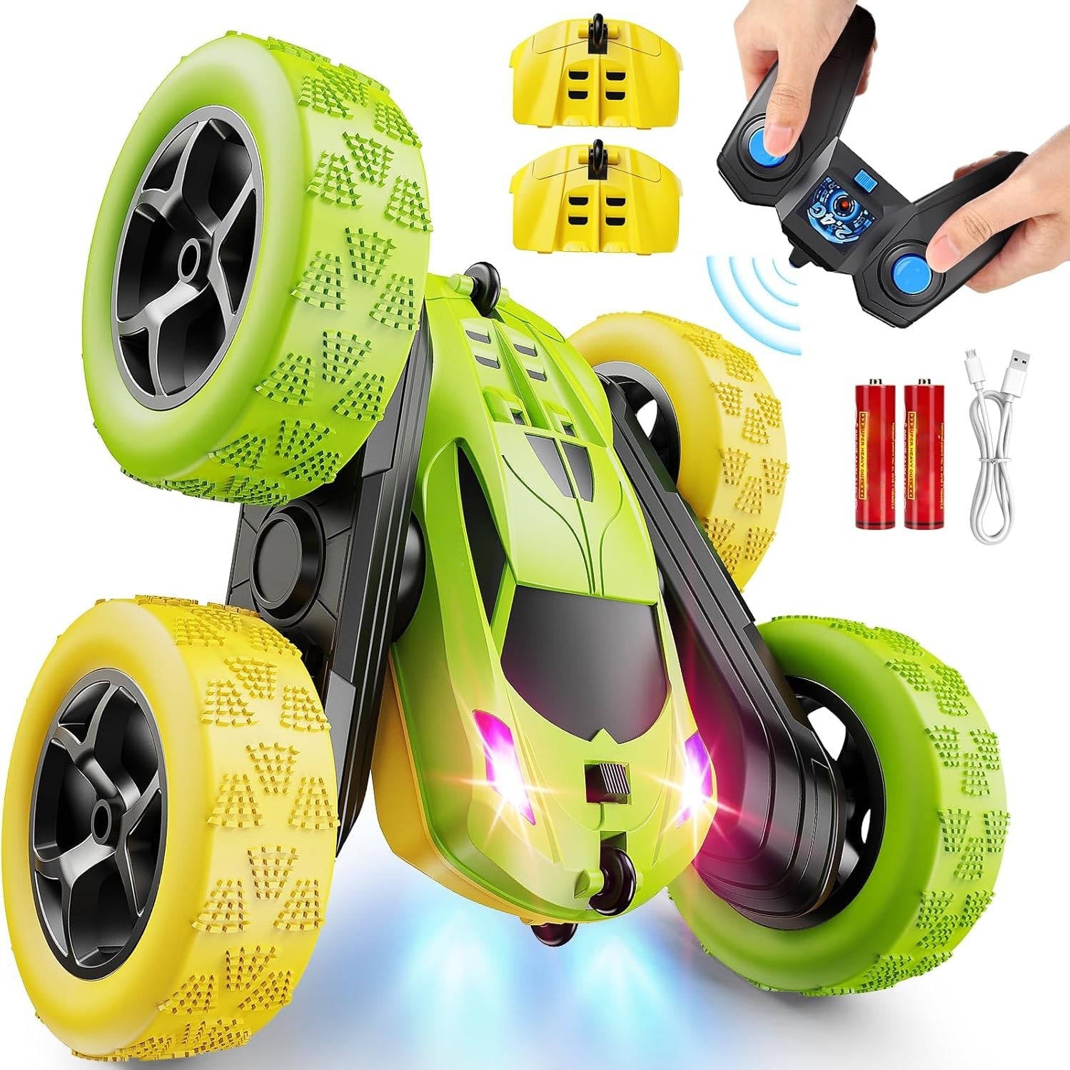 Tuzwa RC Stunt Car – 360° Flip Remote Control Car with LED Lights, 9 Stunt Modes, Dual Motors, 2 Batteries & 2.4GHz Remote