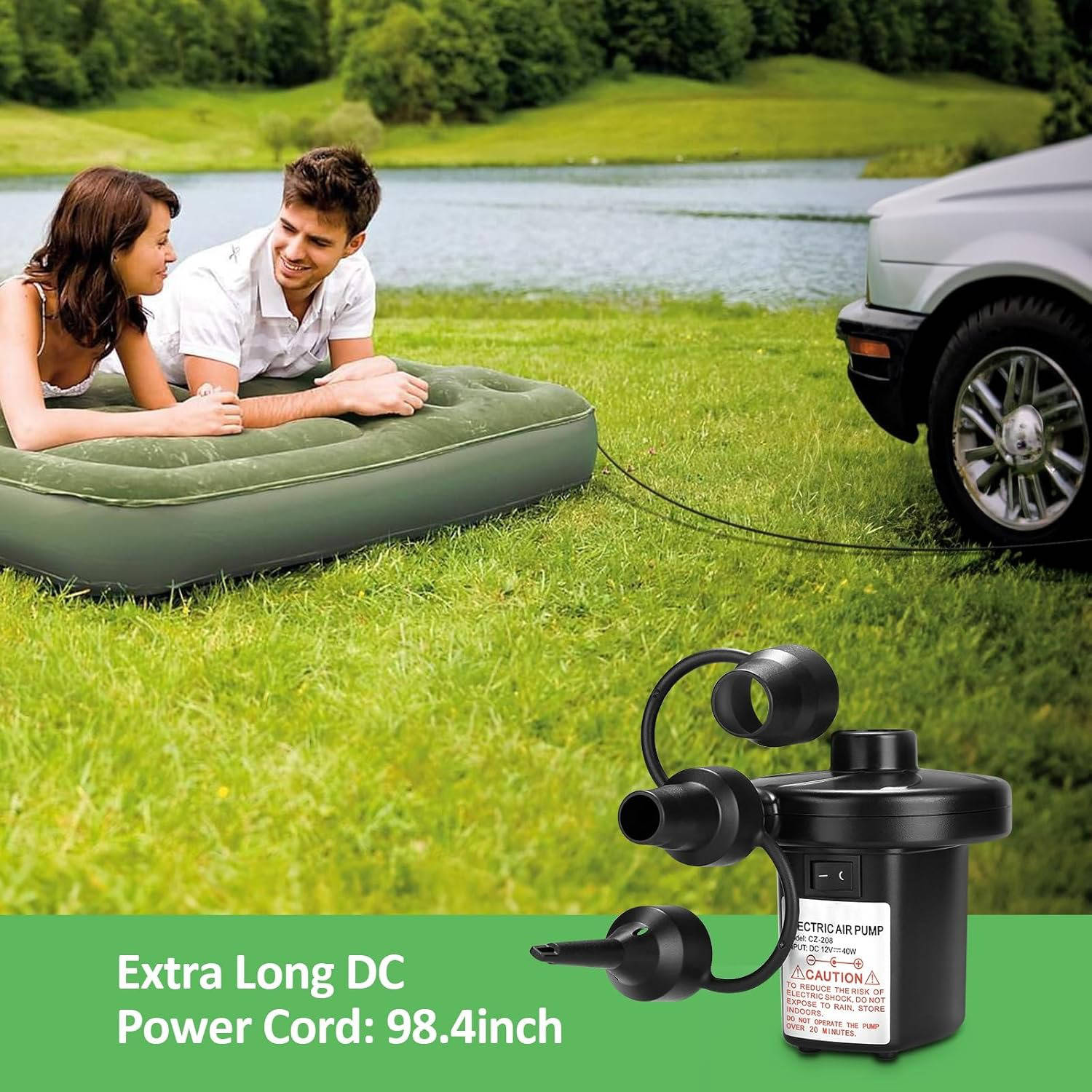 Tuzwa Electric Air Pump for Inflatables – 4500Pa Inflator & Deflator with 3 Nozzles, 12V Car & 110V Home Power for Air Mattresses & Pool Floats