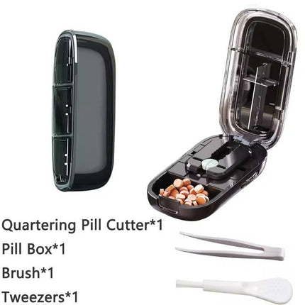 Portable Pill Cutter with Stainless Steel Blade, Adjustable Centering Slot and Built In Storage, Compact Tablet Splitter for Travel