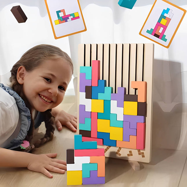 Wooden Building Blocks Set, 42 Piece Wooden Blocks with Matching Puzzle Cards, Montessori Toys, Educational Toys