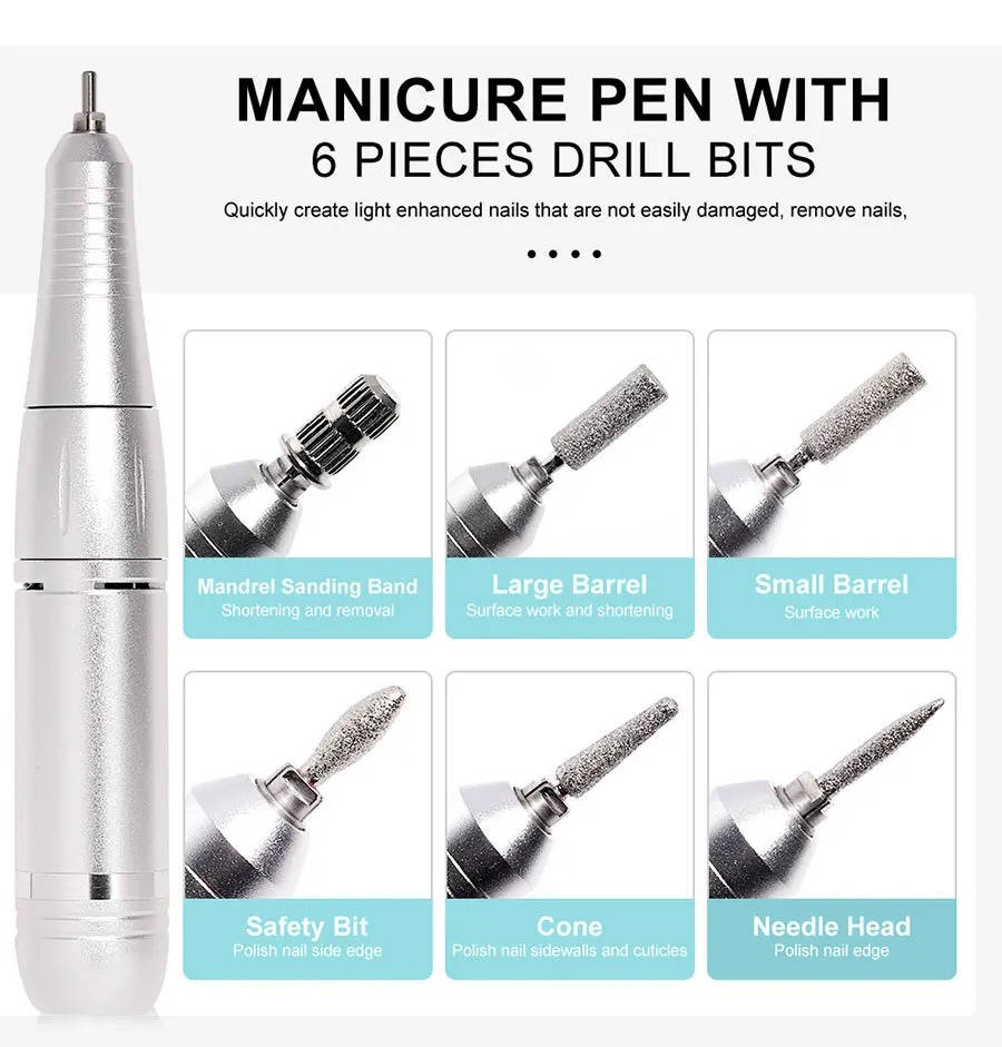 Tuzwa Electric Nail Drill Machine – 45,000 RPM Rechargeable E-File with LCD Display, 6 Metal Bits, Variable Speed & USB-C Charging