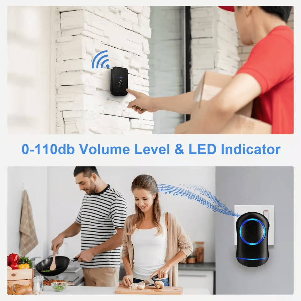 Tuzwa Wireless Doorbell Kit – 1000 Ft Long Range Plug-In Doorbell with 45 Chimes, 4 Volume Levels, LED Alert, Memory & IP44 Button