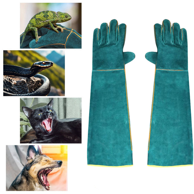 Leather Work Gloves Bite Protection Cowhide, Heat Resistant Gloves with Cotton Lining and Long Sleeves, Grilling