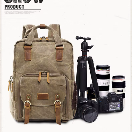 Leather Camera Backpack with Laptop Compartment, Vintage DSLR Camera Bag for Travel – image 7