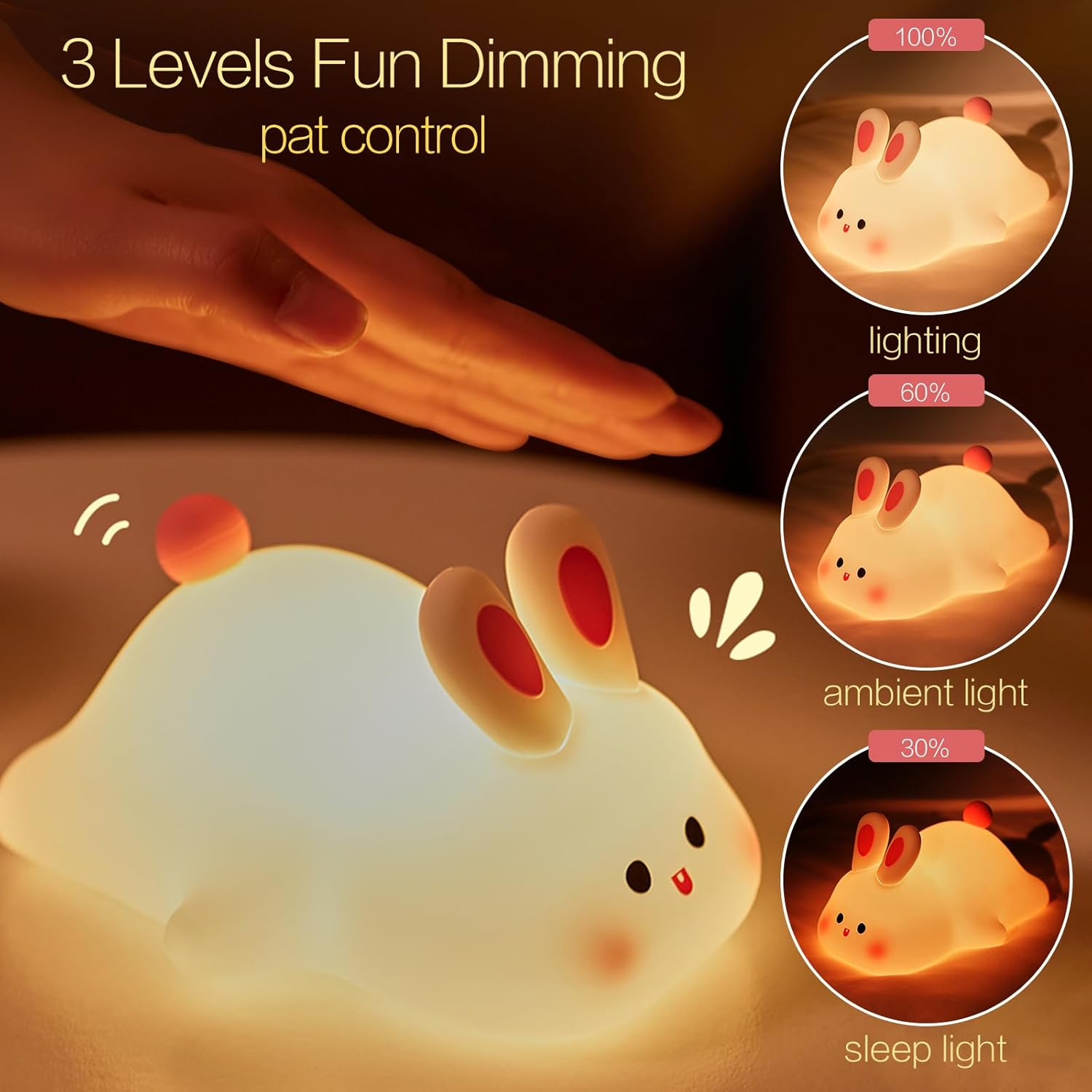 Tuzwa Rabbit Night Light – Rechargeable Silicone Bunny Lamp with Touch Control, Adjustable Brightness & Portable Cordless Design for Kids Rooms
