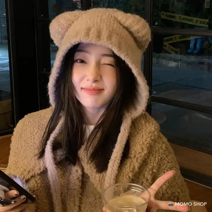 Womens Winter Hat in Khaki with Bear Ears