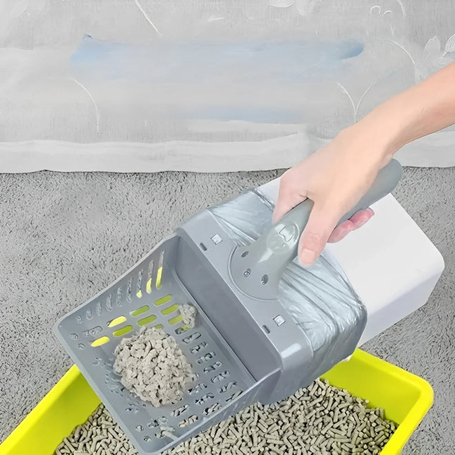 Cat Litter Scoop with Bags, Self Bagging Litter Scooper with Trap Door, One Handed Litter Scoop with Dispenser