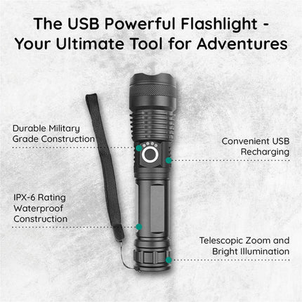 USB Powerful Flashlight Torch, Rechargeable Aircraft Grade Aluminum LED Torch with Telescopic Zoom, 5 Light Modes and IPX-6 Rating