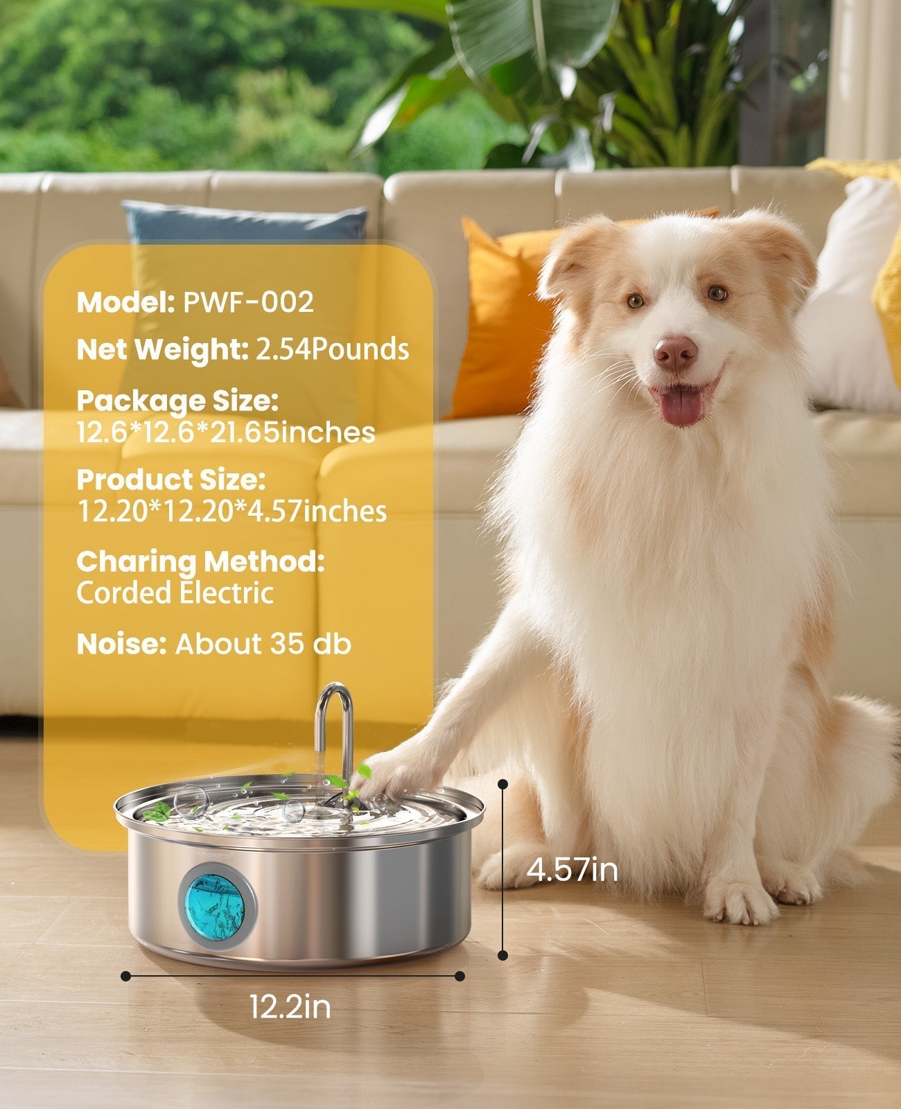 Tuzwa 7L Automatic Pet Water Fountain – 304 Stainless Steel Cat & Dog Water Dispenser with 5-Layer Filter, Water Level Window & Quiet Operation
