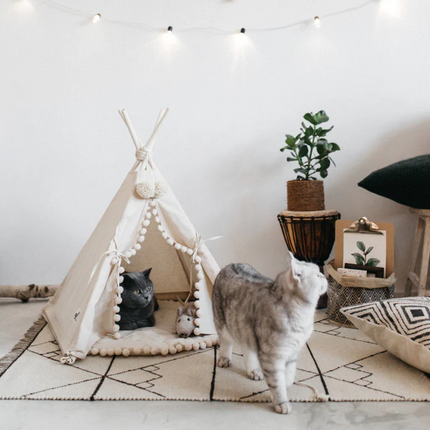 Dog Teepee Tent for Tiny Dogs and Cats, Pet Tent with Cushion and Pine Poles