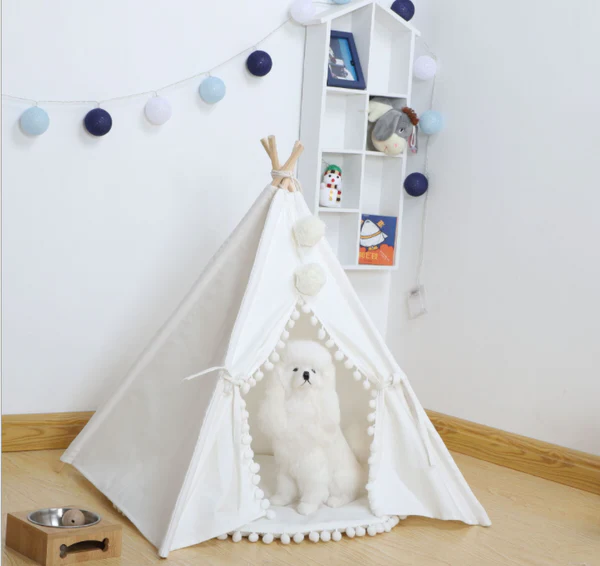 Dog Teepee Tent for Tiny Dogs and Cats, Pet Tent with Cushion and Pine Poles, Bohemian Pet House in Washable Canvas