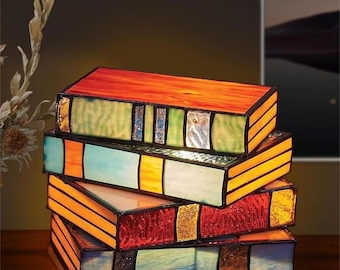 Stained Glass Lamp in a Stacked Book Shape, Living Room Lamp with Bookish Charm