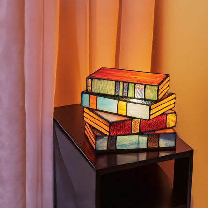 Stained Glass Lamp in a Stacked Book Shape, Tiffany Style Lamp