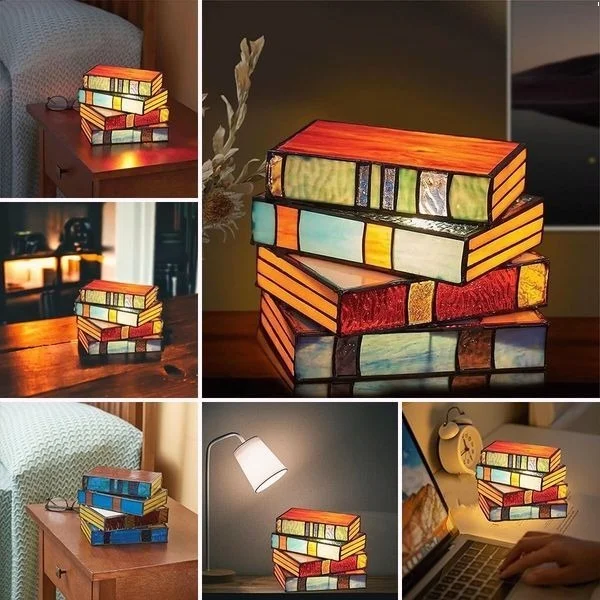 Stained Glass Lamp in a Stacked Book Shape, Living Room Lamp with Bookish Charm for the Bedroom, Tiffany Style Lamp