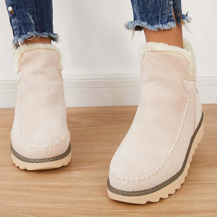 Womens Winter Ankle Boots with Warm Fur Lining, Textured Grip Sole Slip On Snow Booties in Beige, Black and Brown