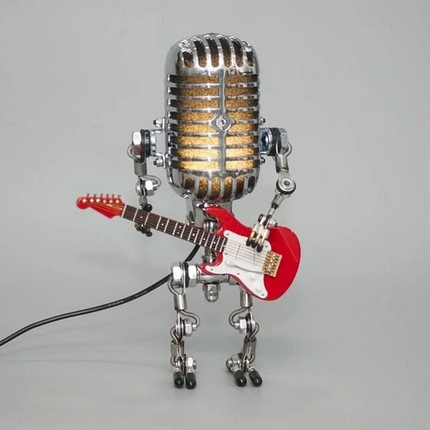 Vintage Metal Microphone Robot Lamp with Guitar, Adjustable Retro Desk Light for Music Room, Studio and Bedroom Decor