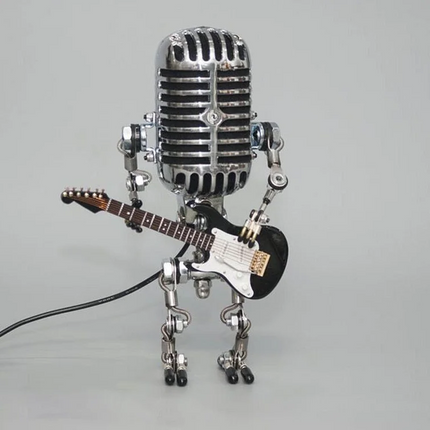 Vintage Metal Microphone Robot Lamp with Guitar, Adjustable Retro Desk Light for Music Room, Studio and Bedroom Decor