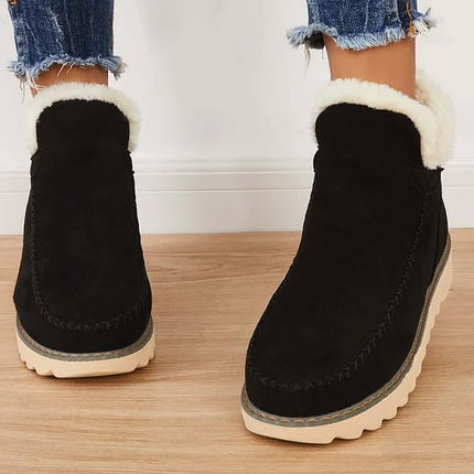 Womens Winter Ankle Boots with Warm Fur Lining, Textured Grip Sole Slip On Snow Booties in Beige, Black and Brown