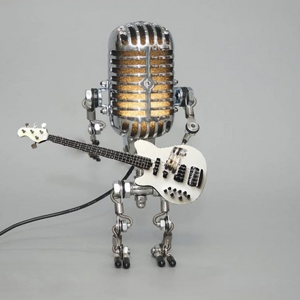 Vintage Metal Microphone Robot Lamp with Guitar, Adjustable Retro Desk Light for Music Room, Studio and Bedroom Decor