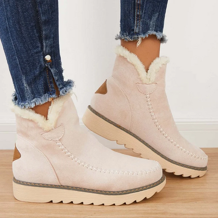 Womens Winter Ankle Boots with Warm Fur Lining, Textured Grip Sole Slip On Snow Booties in Beige, Black and Brown