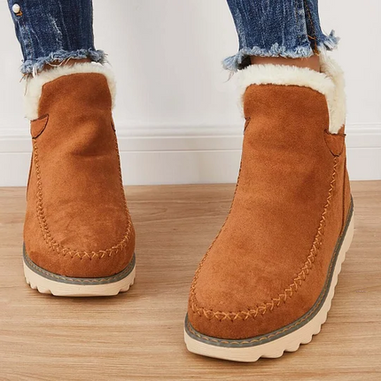 Womens Winter Ankle Boots with Warm Fur Lining, Textured Grip Sole Slip On Snow Booties in Beige, Black and Brown