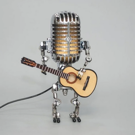Vintage Metal Microphone Robot Lamp with Guitar, Adjustable Retro Desk Light for Music Room, Studio and Bedroom Decor