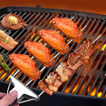Grill Tool for Kabobs, Three Prong Skewer with Pull Release Handle, 9 Inch BBQ Tool and Kabob Maker for Meat and Shrimp