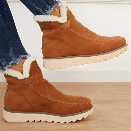 Womens Winter Ankle Boots with Warm Fur Lining, Textured Grip Sole Slip On Snow Booties in Beige, Black and Brown