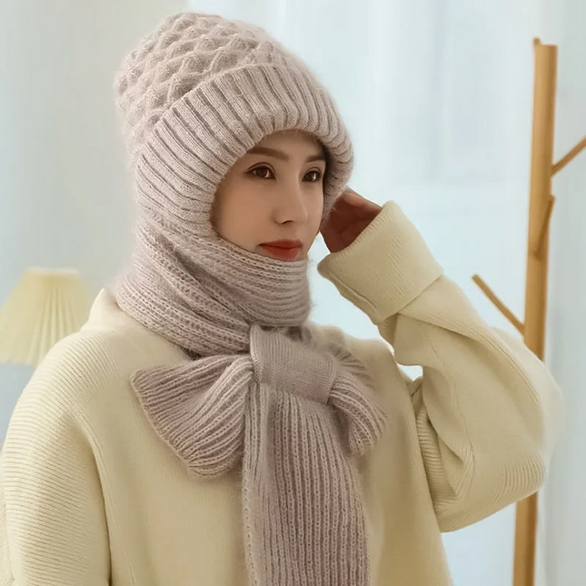 Balaclava Women, Knitted Winter Hooded Scarf with Integrated Ear Protection, Windproof Neck Warmer Ski Hood