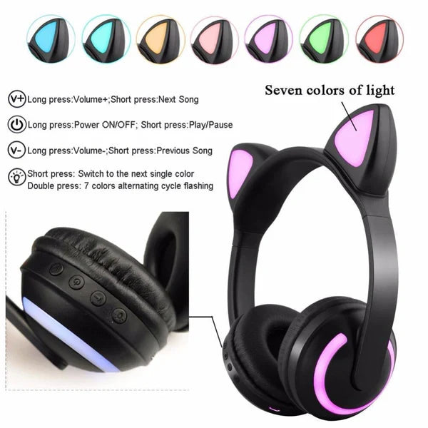 Wireless Headphones with Cat Ears, Bluetooth Headphones with Glowing Light