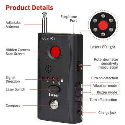 RF Detector, Bug Detector with Lens Finder to Detect Hidden Cameras and Audio Bugs