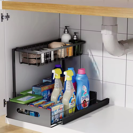 Under Sink Kitchen Cabinet Organizer 2 Tier, Pull Out Cabinet Organizer for Bathroom