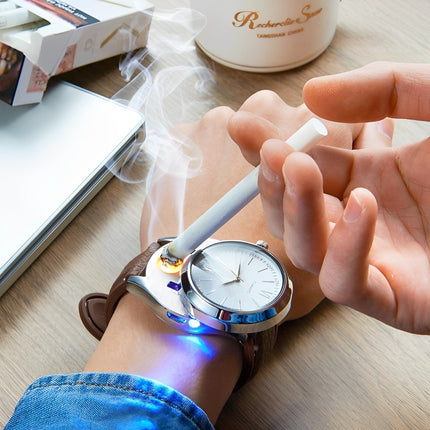 USB Rechargeable Lighter Watch for Men, Windproof Flameless Electric Lighter with Quartz Analog Wrist Watch, Metal and Aluminum Build