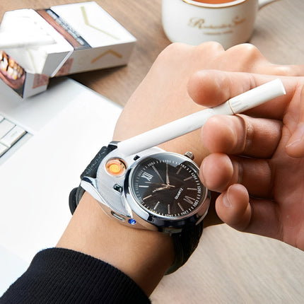 USB Rechargeable Lighter Watch for Men, Windproof Flameless Electric Lighter with Quartz Analog Wrist Watch, Metal and Aluminum Build