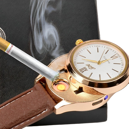 USB Rechargeable Lighter Watch for Men, Windproof Flameless Electric Lighter with Quartz Analog Wrist Watch, Metal and Aluminum Build