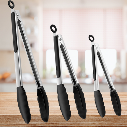 Kitchen Utensils Set of 3 Silicone Kitchen Tongs, Stainless Steel Cooking Tongs with Lock