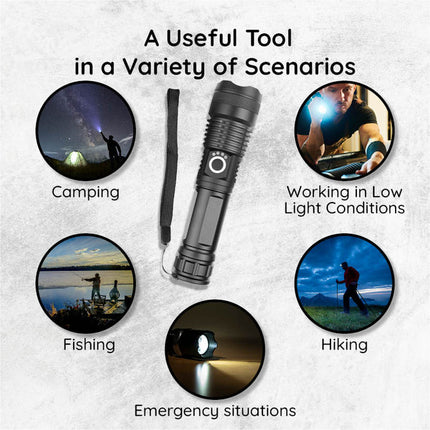 USB Powerful Flashlight Torch, Rechargeable Aircraft Grade Aluminum LED Torch with Telescopic Zoom, 5 Light Modes and IPX-6 Rating