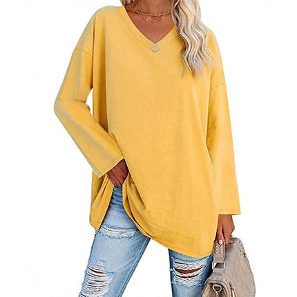 Women's V-Neck Knit Top, Loose Fit Long Sleeve Cotton Blend Tee with Flared Hem, Casual Basic Shirt for Spring and Summer